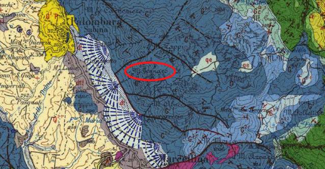 Figura 1 Carta Geologica d’Italia in scala 1:100.000 foglio 144 Palombara Sabina (in rosso e evidenziata l’ubicazione di Monte Gennaro)